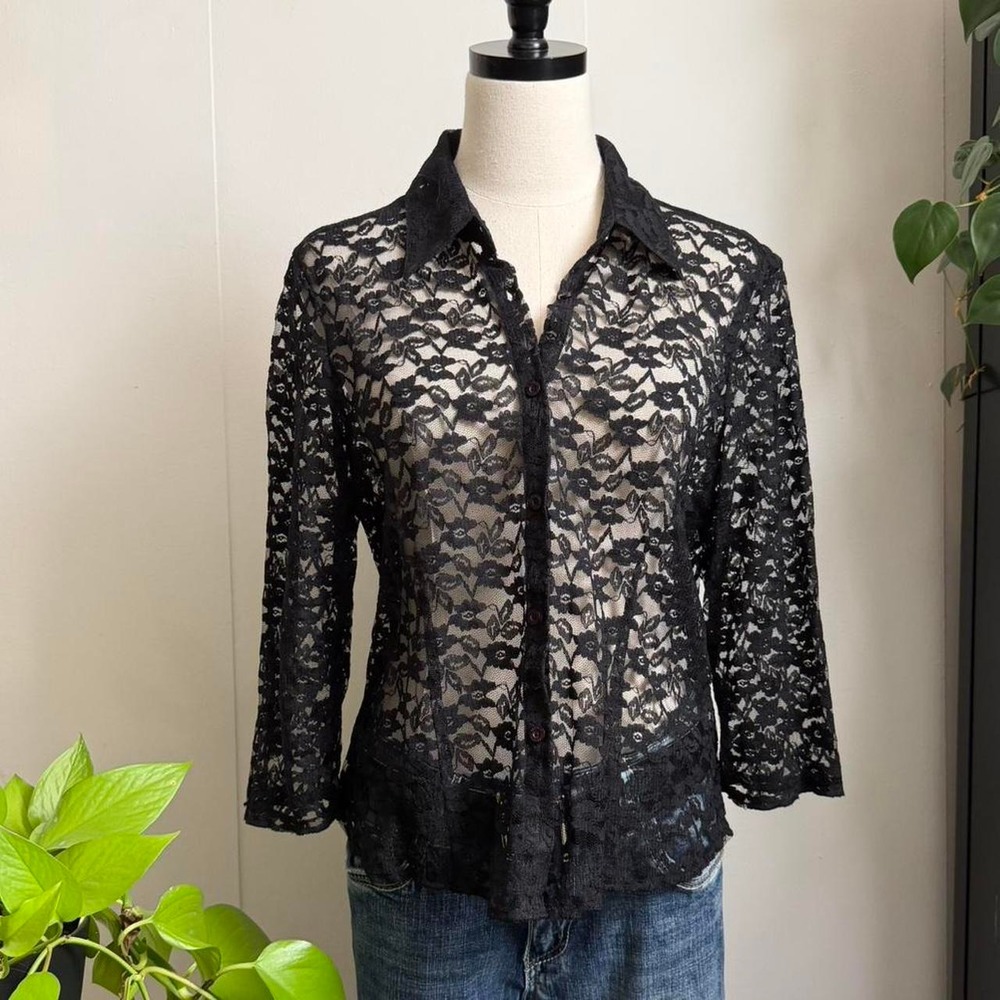 Gloria Vanderbilt Vintage Black Floral Lace Button Up Blouse Petite Large Top